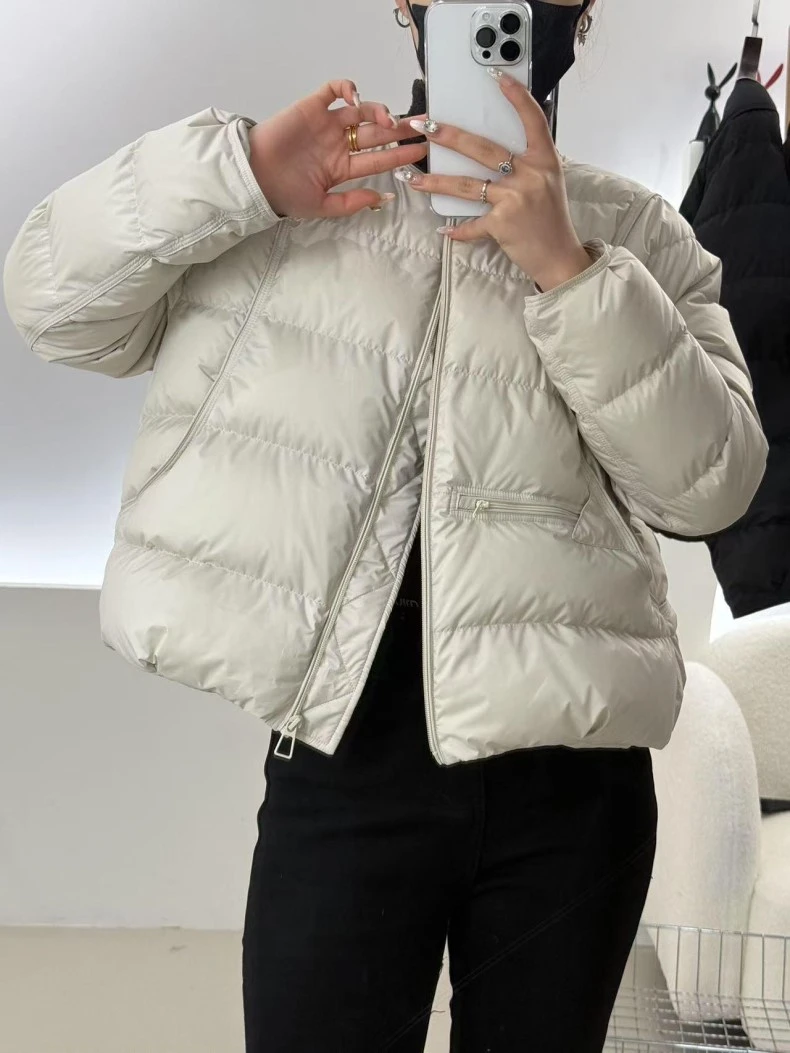 爆款90白鸭绒短款羽绒服百搭韩系圆领中国风拉链款羽绒服
