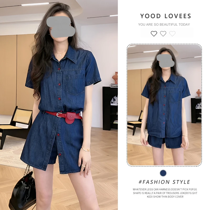 时尚休闲套装女2025夏季新款设计感短袖衬衫裙裤宽松显瘦两件套