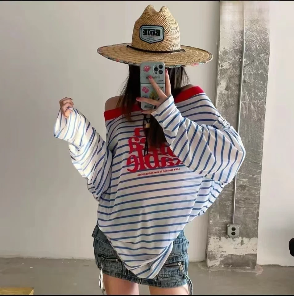 花生酱 设计感撞色条纹一字肩长袖T恤女装秋季宽松百搭休闲上衣