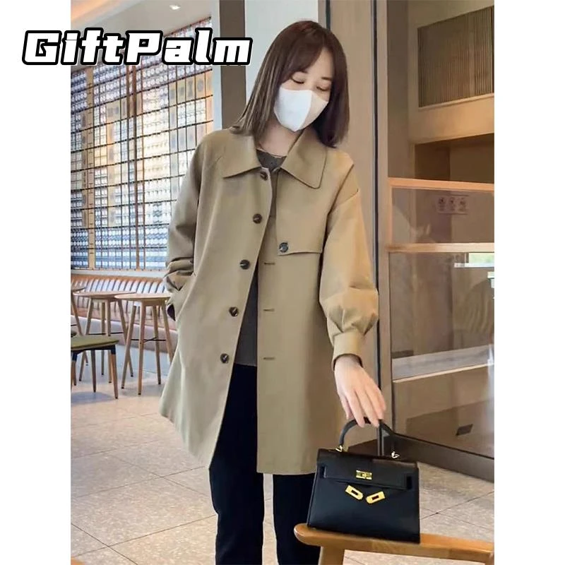 GiftPalm中长版高级感风衣女秋季款韩版宽松百搭气质卡其色大衣女