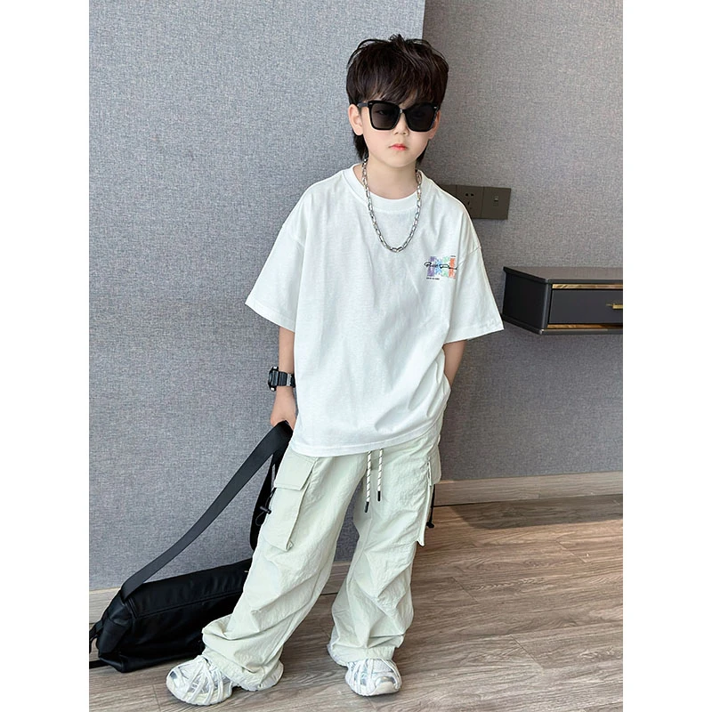 男童夏季新款洋气时髦百搭字母印花短袖上衣中大童帅气休闲工装裤