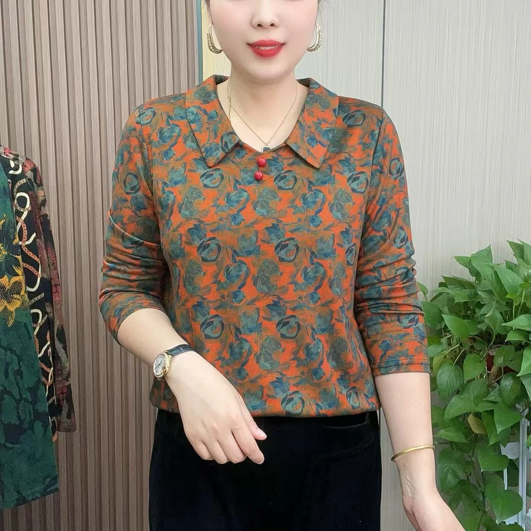 春秋新款时尚中老年妈妈装洋气百搭显瘦减龄气质大码翻领长袖小衫