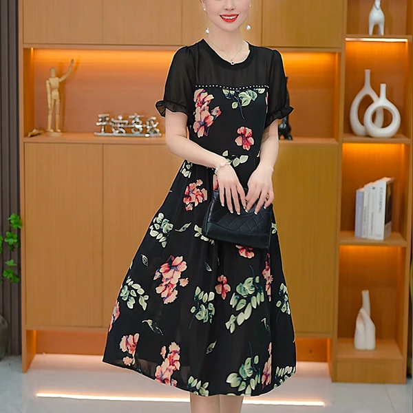 夏季新款洋气减龄假两件中长裙女2025年气质时尚显瘦拼接短袖裙子