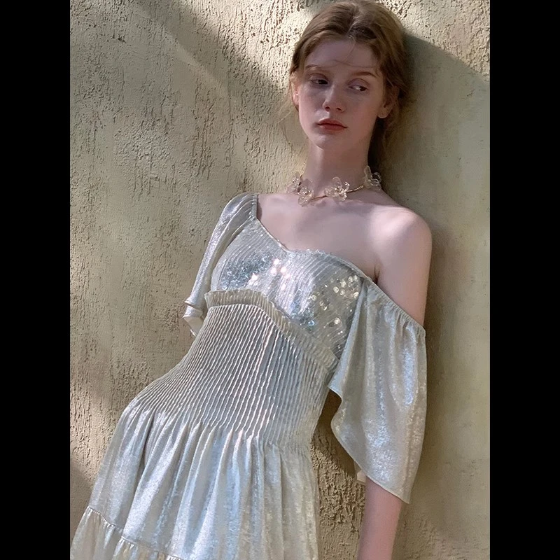 流动的银河 2025夏季新款微光亮丝雪纺拼接绣珠连衣裙子