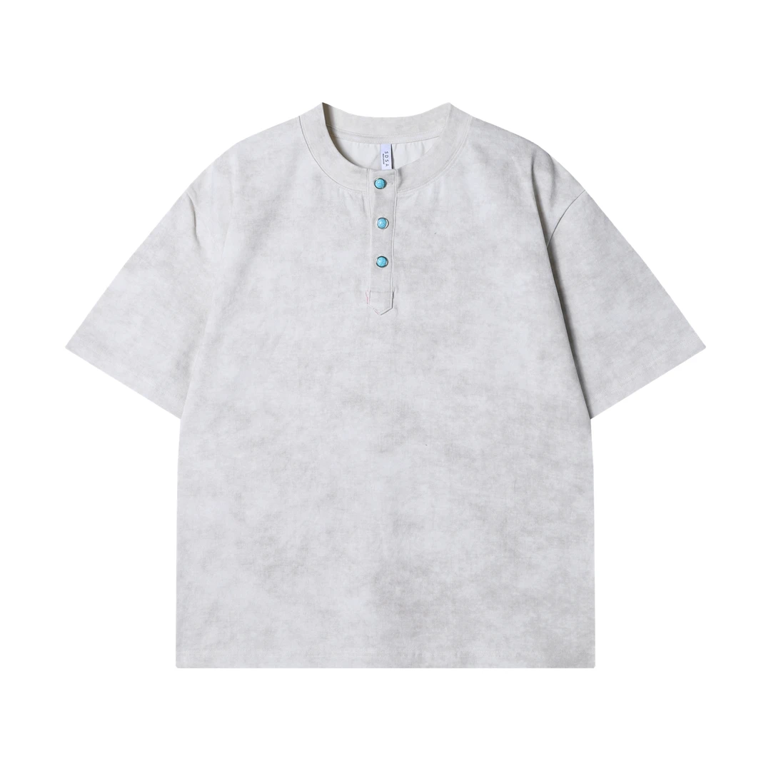 夏季高级感新款韩版扎染半纽扣圆领短袖T恤情侣宽松百搭套头上衣