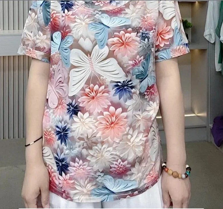 K064新中式万花齐放大码印花宽松中老年妈妈装夏款短袖小衫