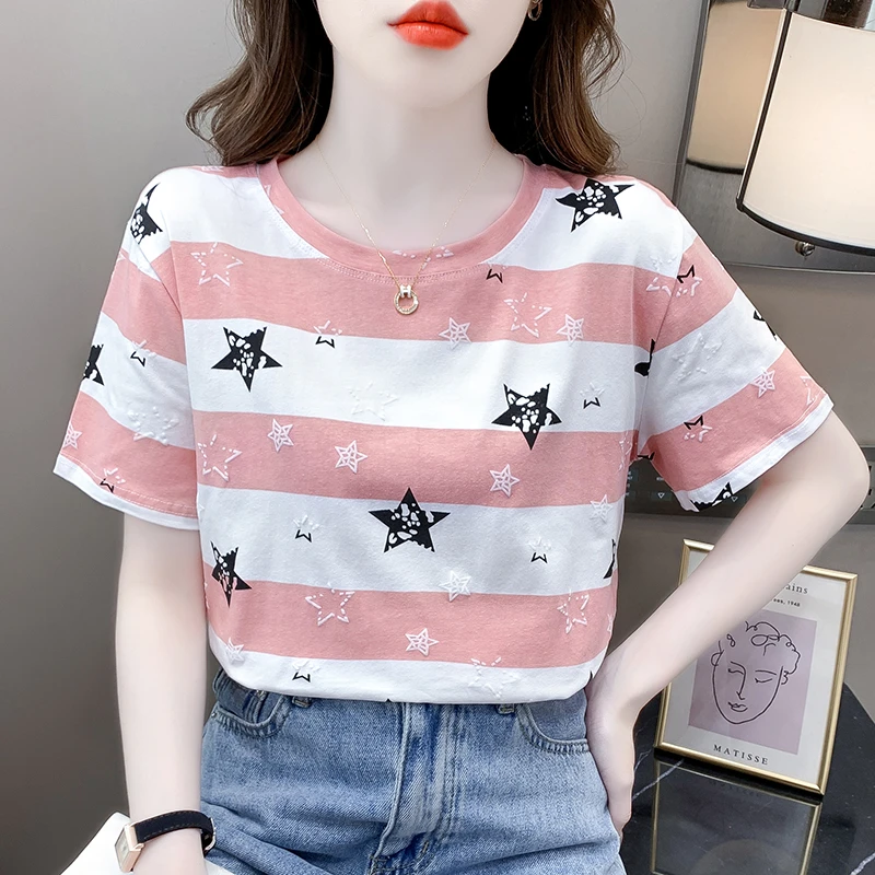 95棉短袖条纹t恤女2025春夏秋季款韩系复古显瘦宽松上衣洋气百搭