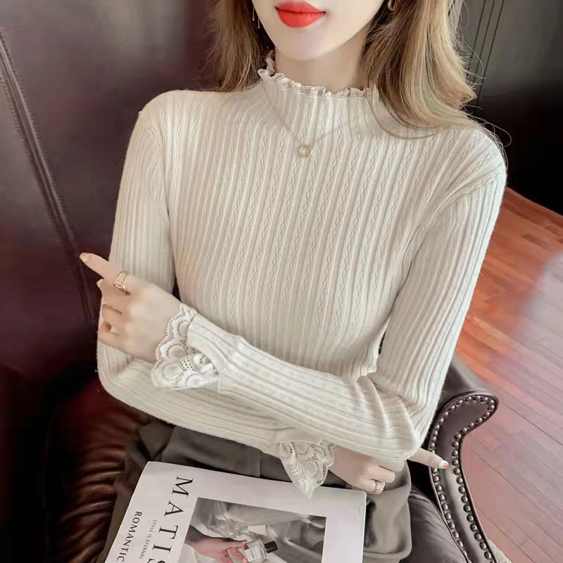 甜美拼接加厚花边领针织上衣秋冬新款日系甜美内搭高领毛衣女打底