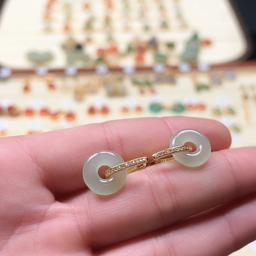 和田玉耳饰银S925镶嵌