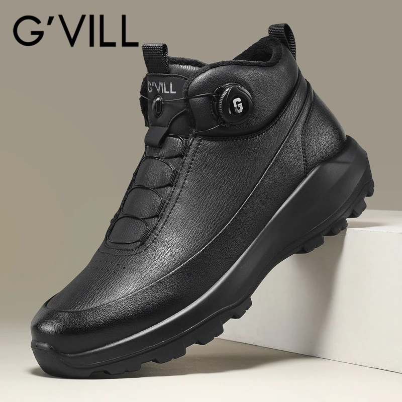 G-vill/贵之步冬季新款户外高帮棉鞋真皮旋钮男士加绒加厚保暖鞋