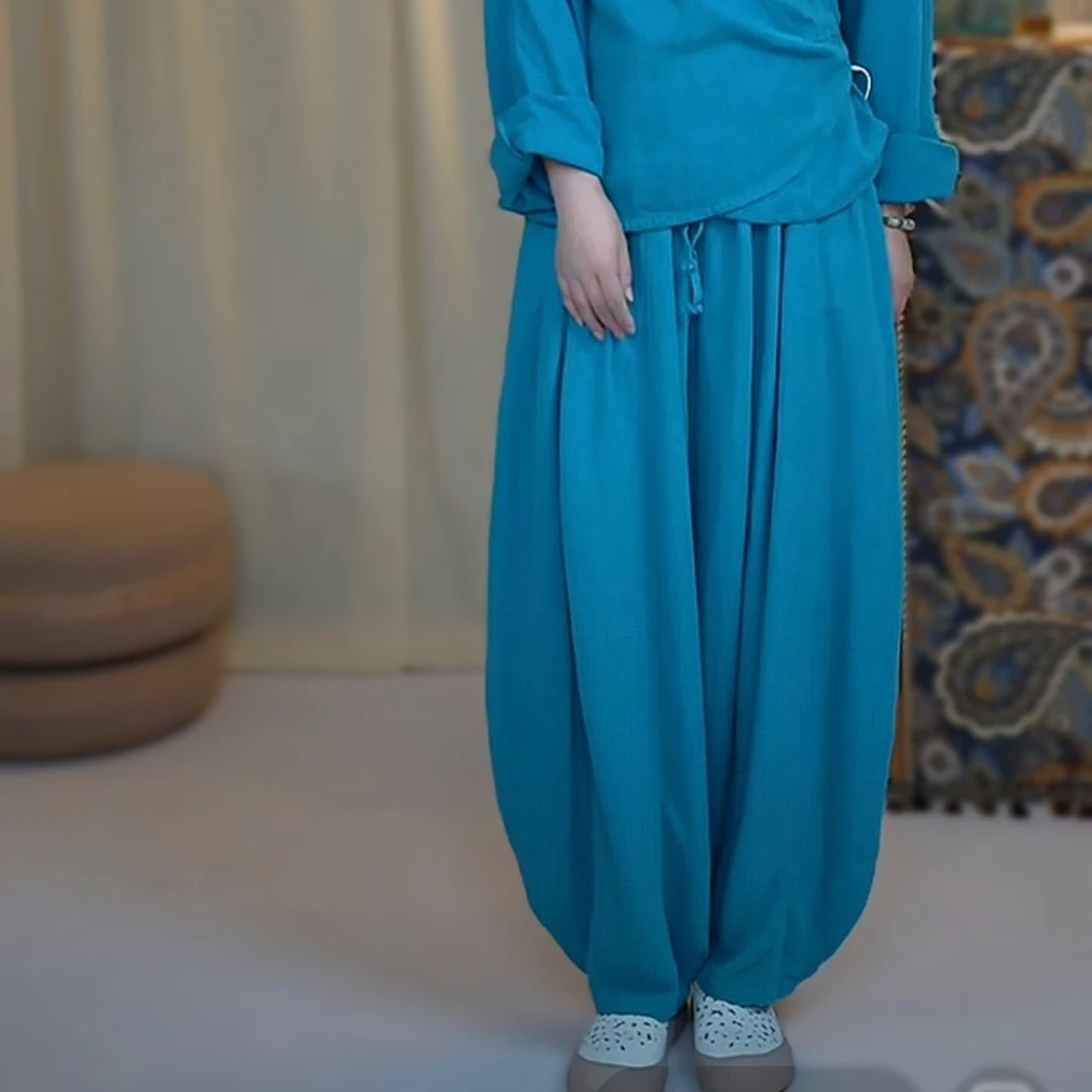 豫享 亚麻灯笼裤 口袋磨毛设计 禅意舒适拼接设计感显瘦复古