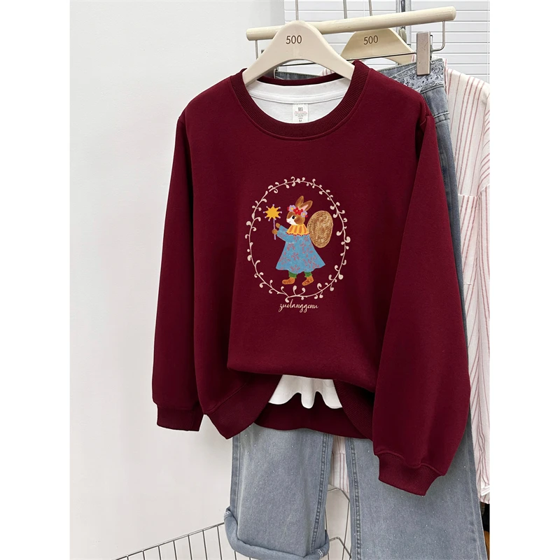 正肩卫衣女2025秋冬款时尚洋气兔子印花宽松大码加厚无帽圆领上衣