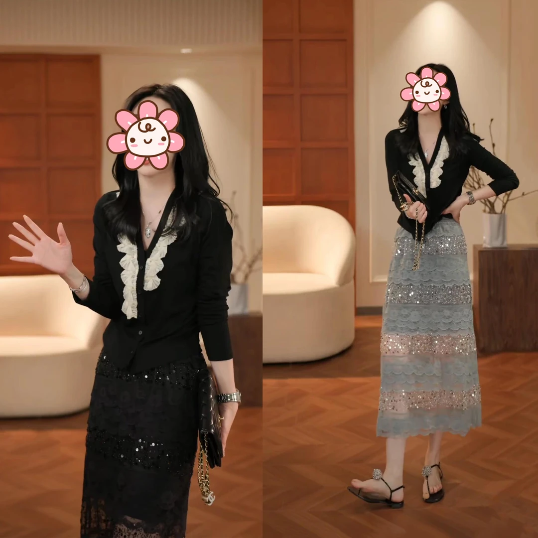 小众炸街高级感女装2025春夏木耳边拼接上衣蕾丝细闪半身裙两件套