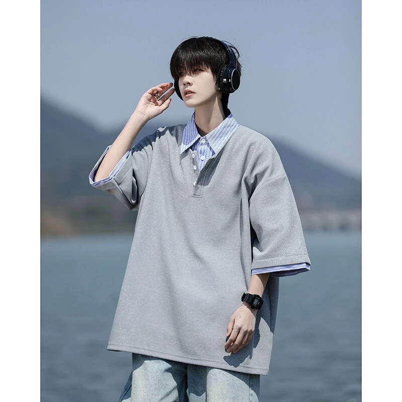 假两件条纹短袖polo衫男夏季潮牌高级感衣服宽松美式重磅半袖t恤