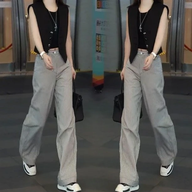 高档春夏通勤名媛风职业马甲高腰条纹阔腿裤女装