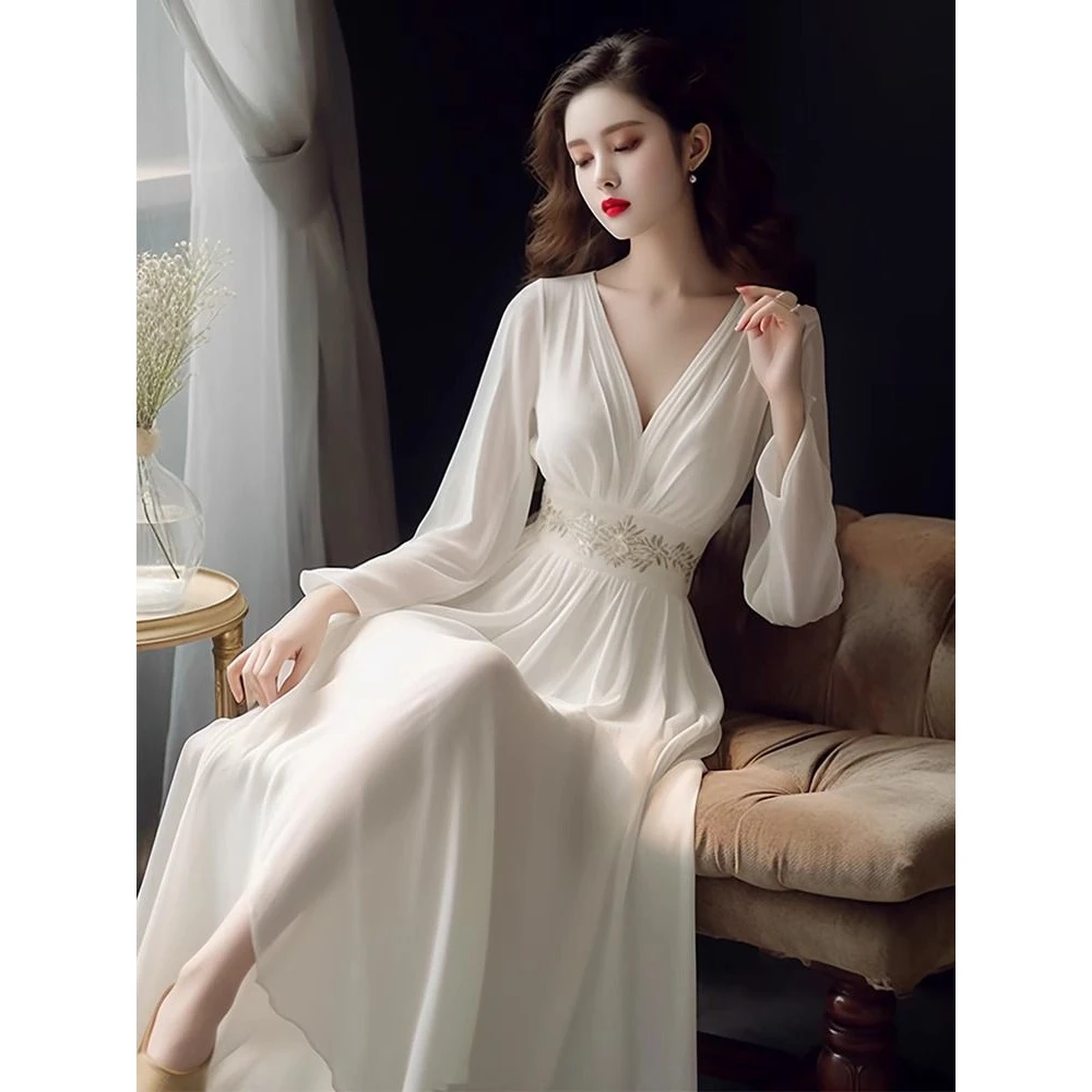 绝美仙女白色雪纺绣花腰连衣裙夏季海边度假风收腰气质长裙子