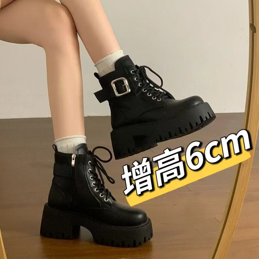 增高6cm厚底英伦风马丁靴女2024新款秋冬小个子黑色加绒短筒靴子