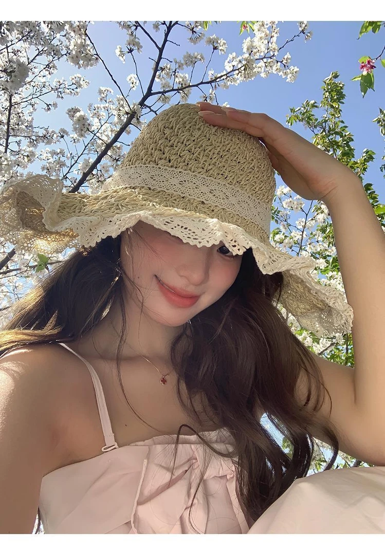 草帽海边帽ins系带草编帽女春秋出游防晒沙滩太阳帽蕾丝边遮阳帽