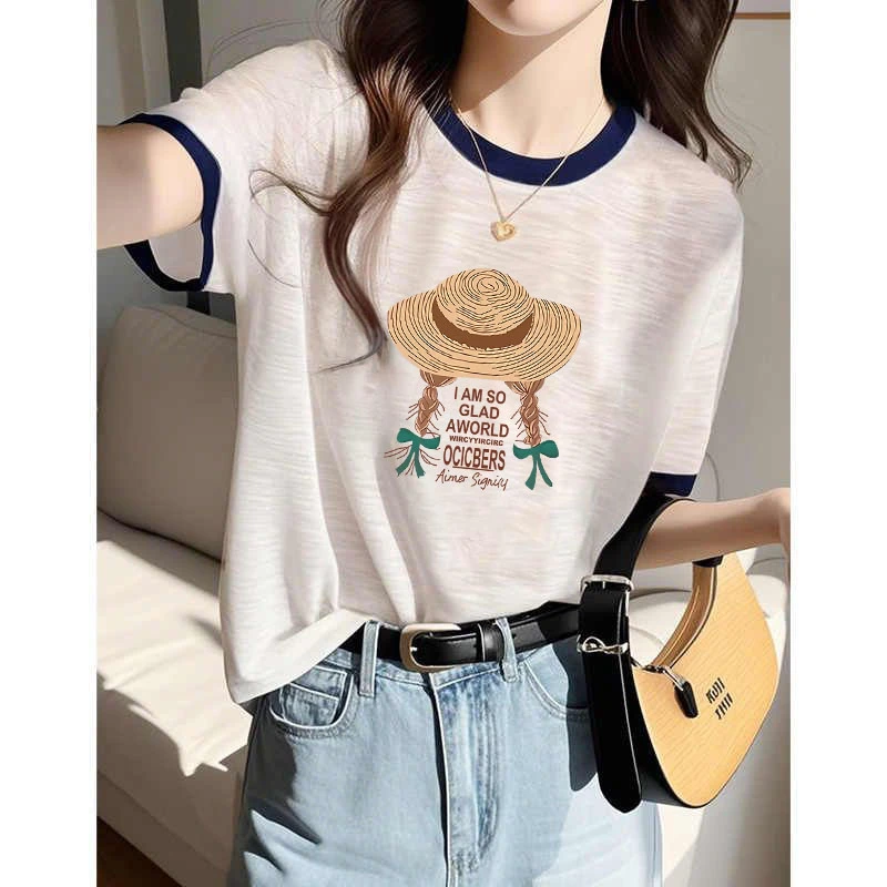 夏季百搭雪花棉2025新款白色T恤女洋气印花拼接韩版圆领短袖上衣