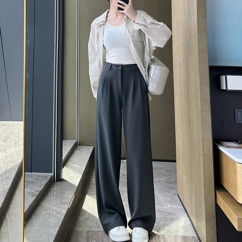 天丝羊毛阔腿裤女2025新款高腰垂感高级感休闲宽松直筒灰色西装裤
