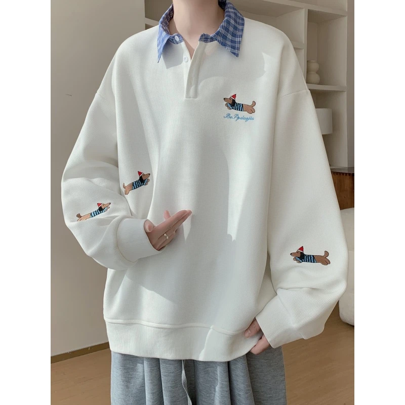 韩式300斤超大码腊肠狗刺绣卫衣早秋男女格子拼接华夫格翻领上衣