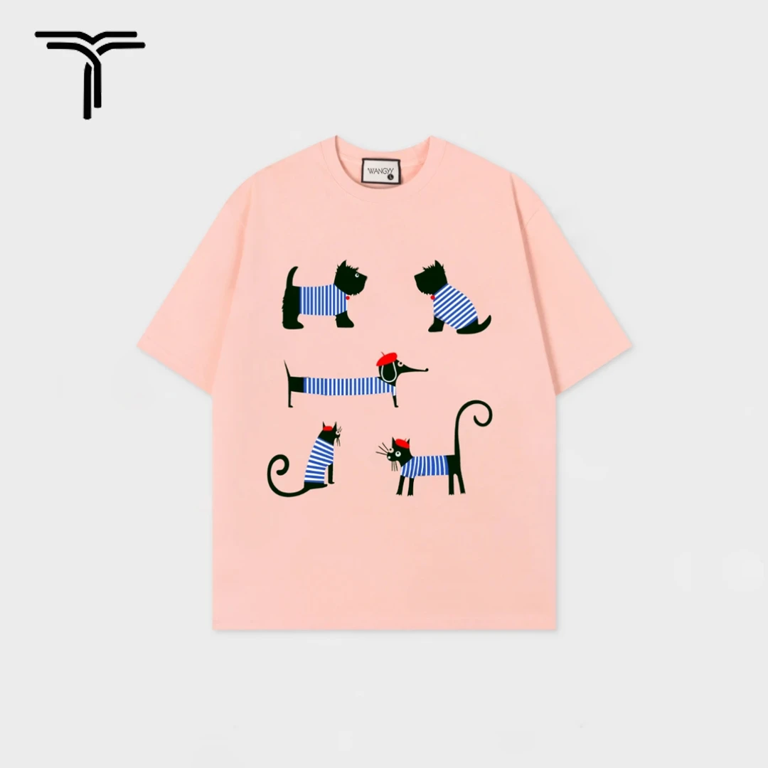 汪一一【腊肠狗狗】2025夏季新款短袖中长款T恤女宽松纯棉猫咪印花