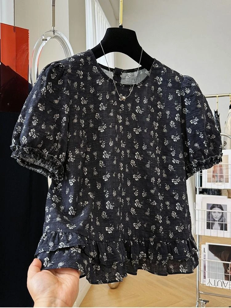 甜美碎花木耳边泡泡袖下摆娃娃衫大码衬衫女夏季法式减龄宽松印花