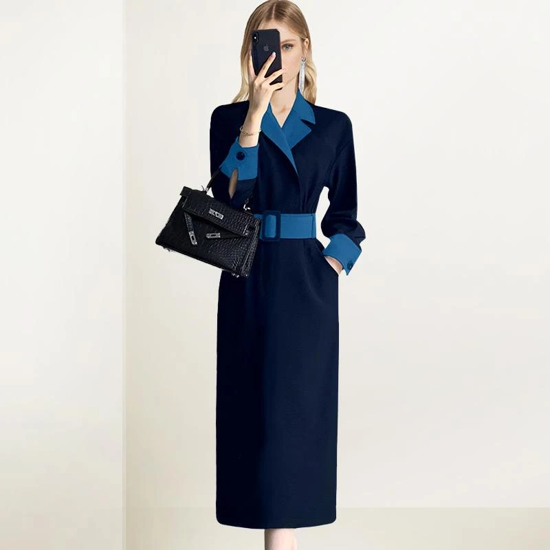 气质拼接蓝色收腰连衣裙女2025年秋装新款假两件通勤减龄收腰裙子