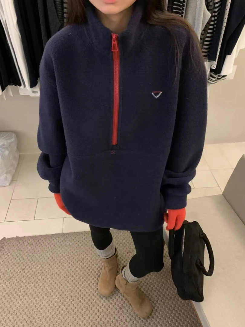 【藏青色红拉链卫衣】加绒摇粒绒卫衣