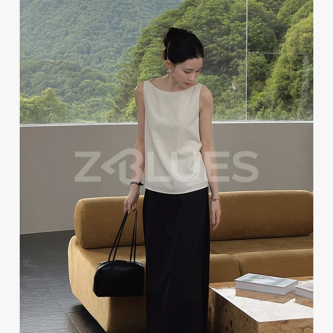 Z.blues【简美高智风】一字领微微褶皱肌理无袖黑白上衣YZLHKZ0034