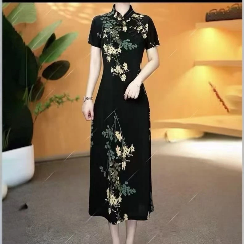 A-057【金榜题名】夏季新款气质显瘦连衣裙斜门襟短袖中式旗袍妈妈