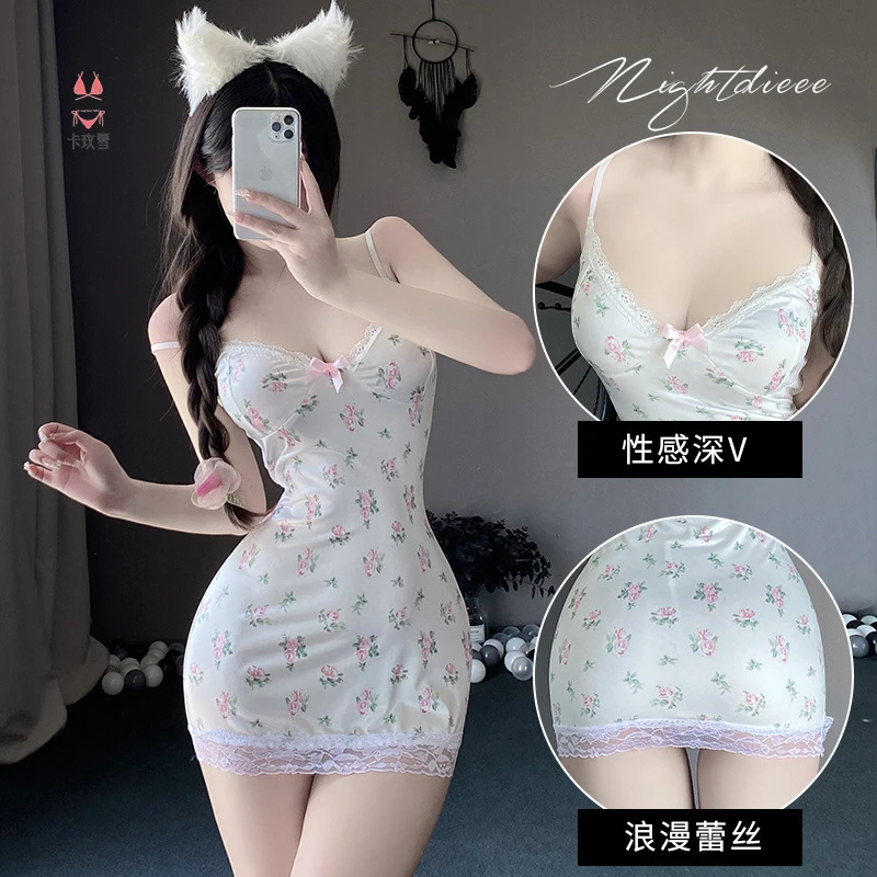 性感居家邻家小妹小碎花撞色蕾丝花边低胸女可外穿睡裙