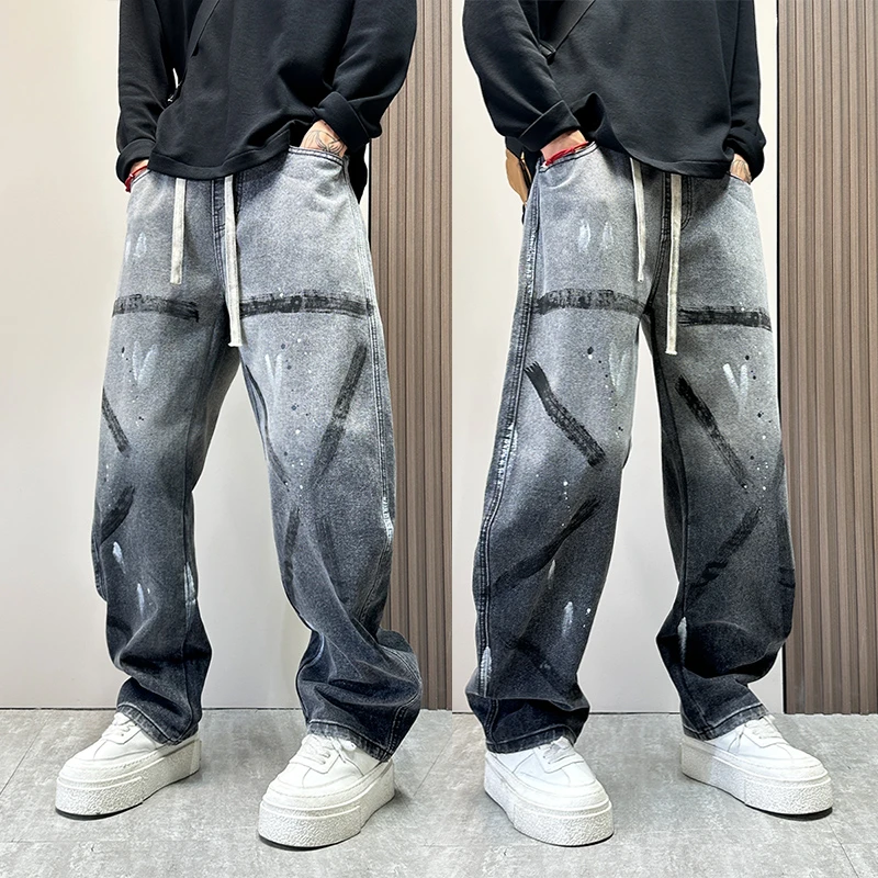 美式潮牌烟灰色圆月弯刀牛仔裤男款秋冬设计感小众宽松直筒阔腿裤