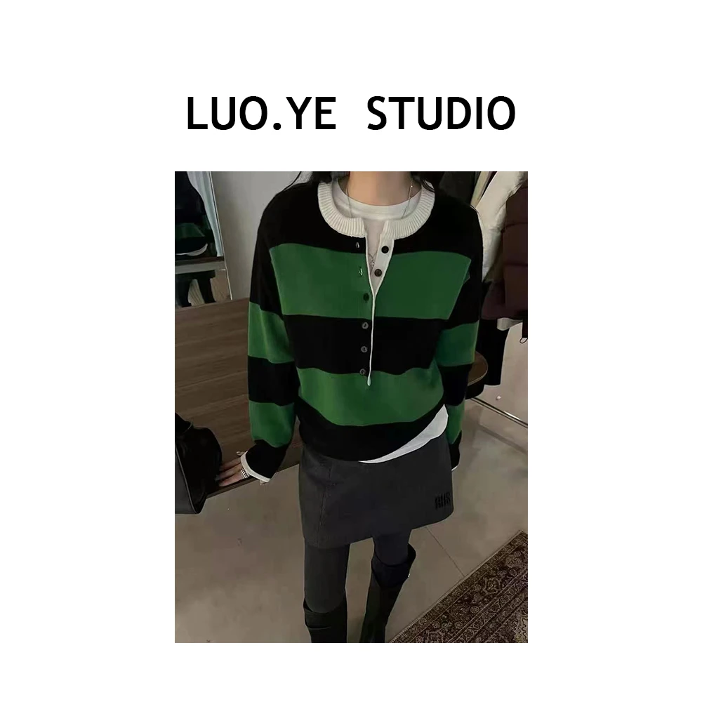 罗爷 · 【静谧之森】韩版2024秋冬百搭撞色条纹毛衣长袖女保暖打底
