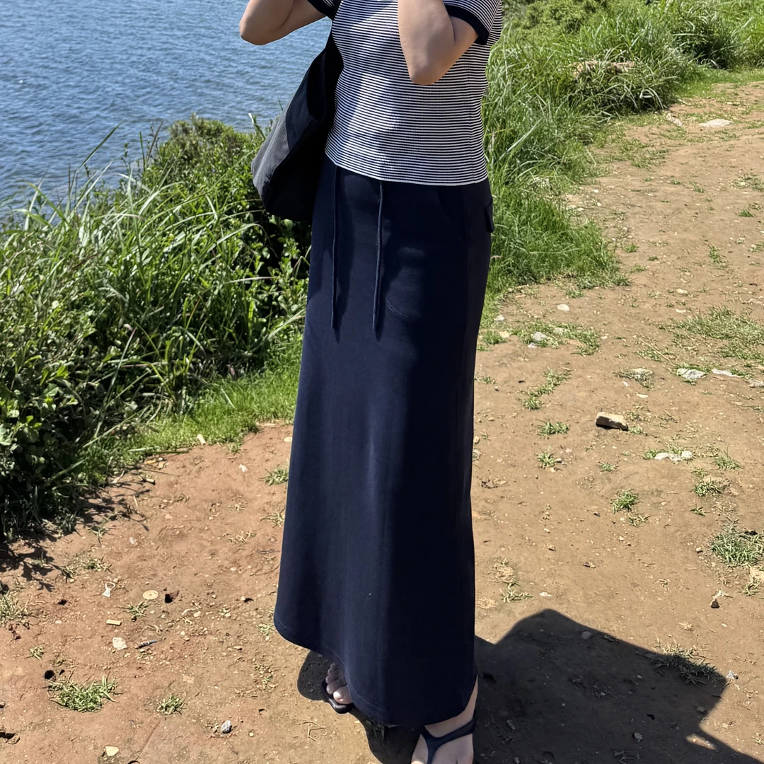 JIAO.AO【秘鲁海岸】纯色随性夏季高腰中长款半身裙Y202