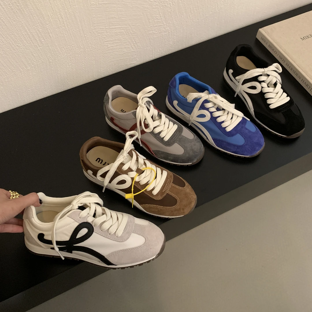 牛皮版~复古德训鞋百搭拼色系带休闲运动鞋女平底小白鞋阿甘鞋潮