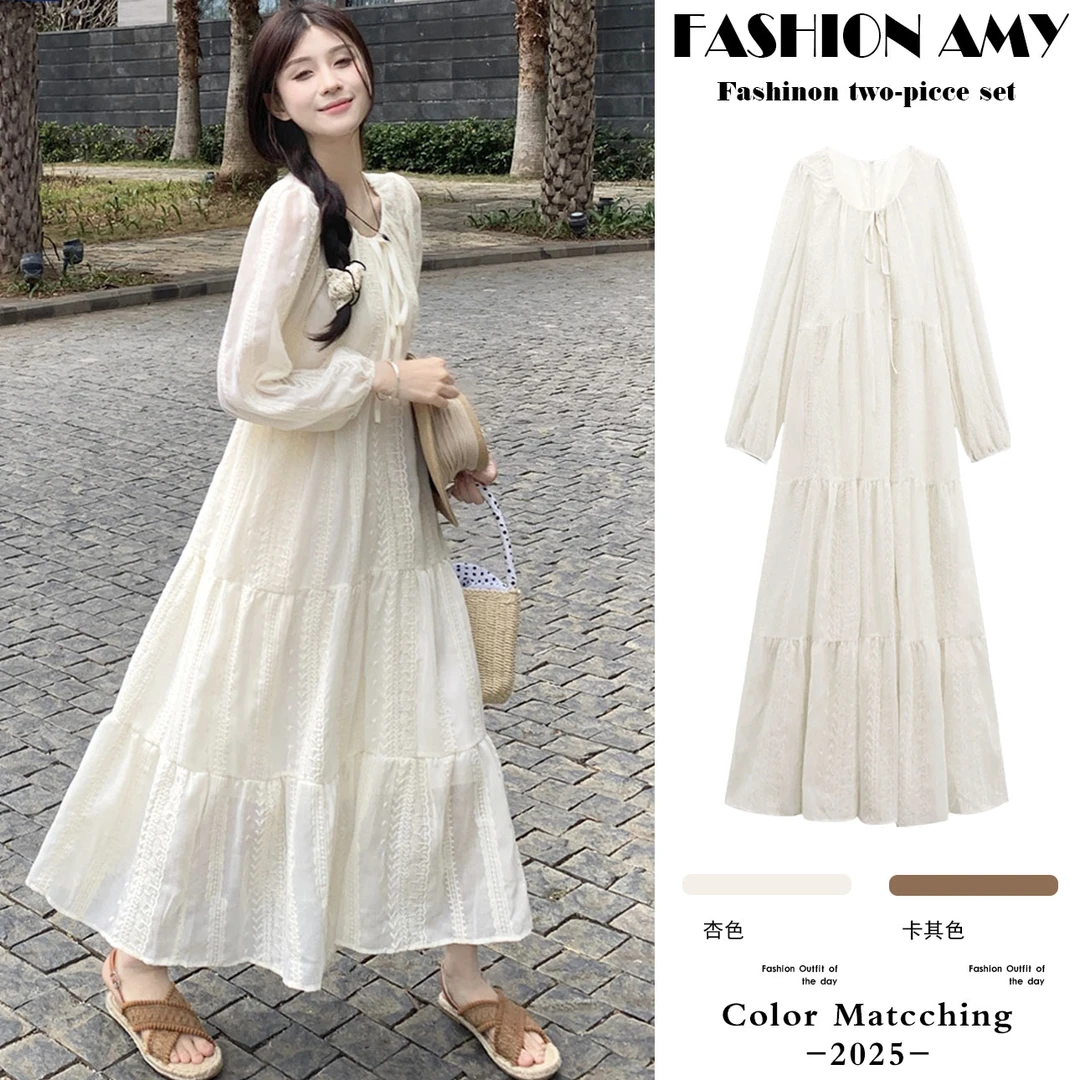 孕妇连衣裙春装新款时尚法式气质温柔风刺绣蕾丝长袖系带显瘦裙子