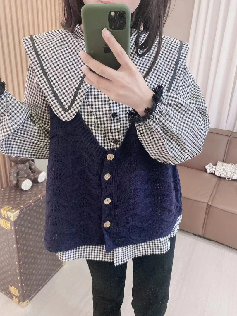 春季2025新款甜美风针织背心百搭减龄开衫马甲藏青色宽松休闲