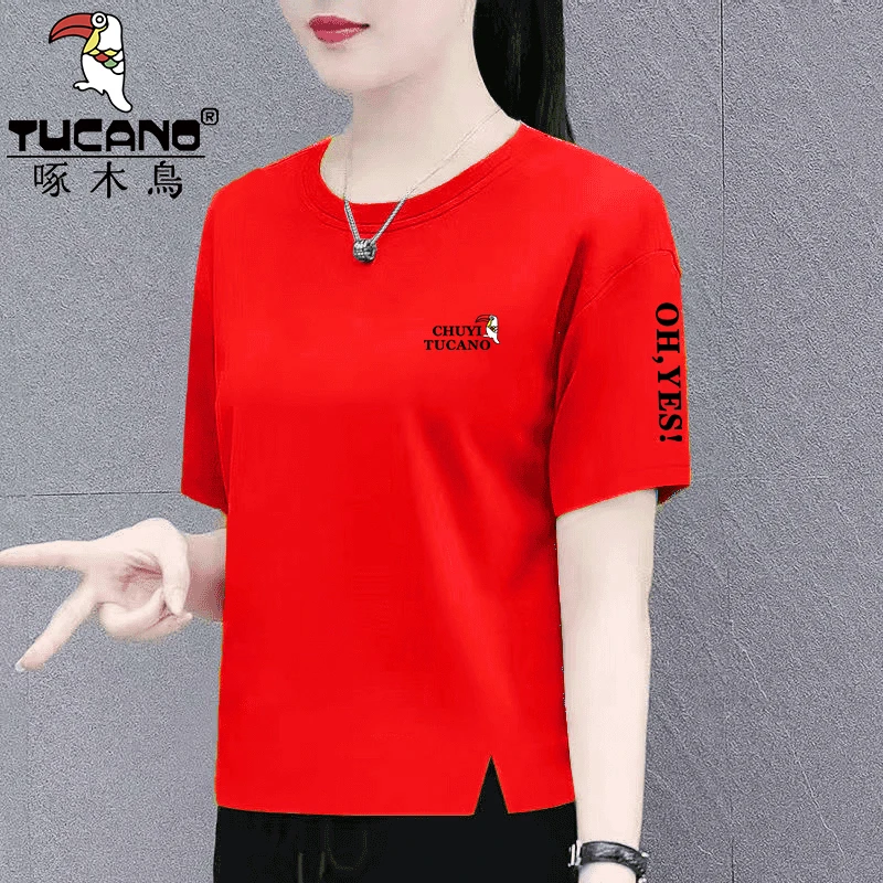 啄木鸟纯棉红色夏季新款短袖T恤女宽松显瘦百搭洋气大码圆领上衣