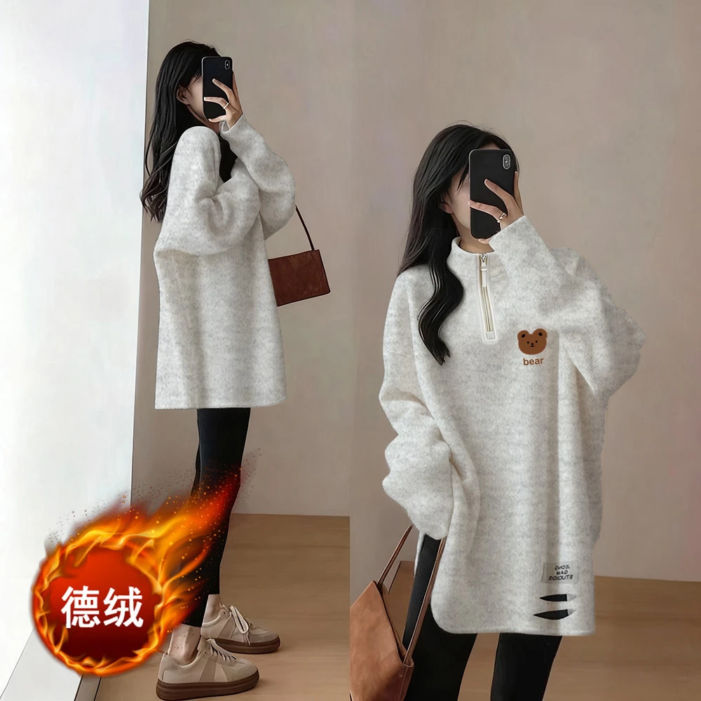 宽松百搭T恤小众设计半高领拉链上衣德绒保暖秋冬新款印花打底衫