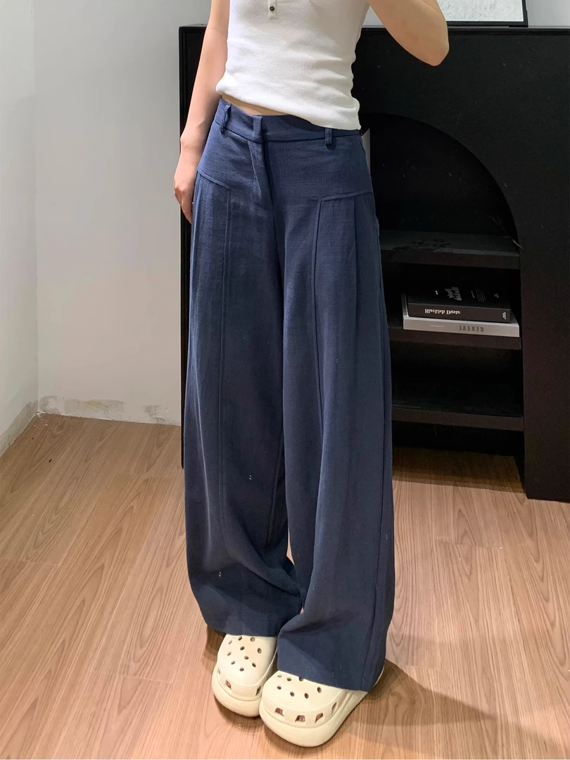 藏青色棉麻西装裤女夏薄款高腰宽松显瘦直筒裤休闲亚麻拖地阔腿裤