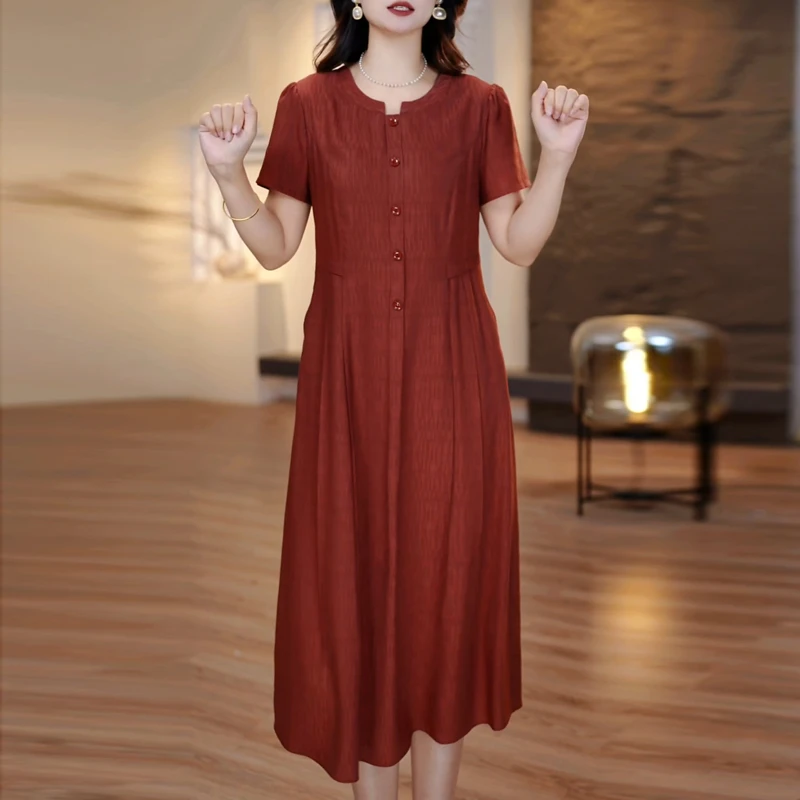 中老年气质休闲大码连衣裙女2025夏季新款时尚宽松遮肚子年轻裙子