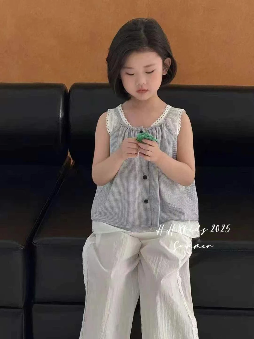 夏季无袖儿童时尚两件套格子衫透气韩版上衣