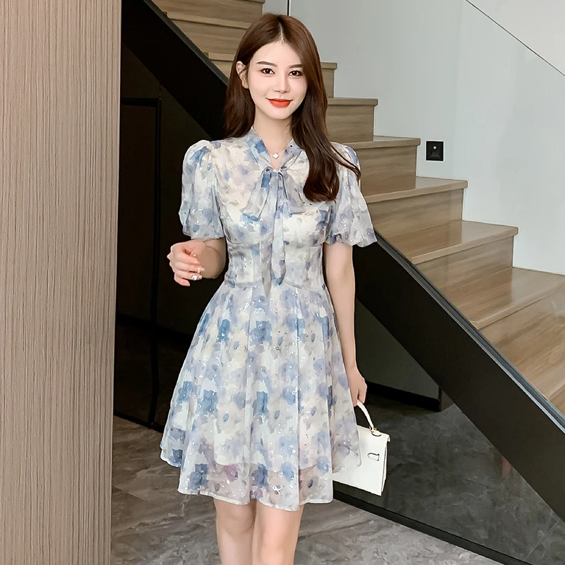 夏季法式高腰A字碎花大摆气质收腰碎花显瘦气质小众连衣裙