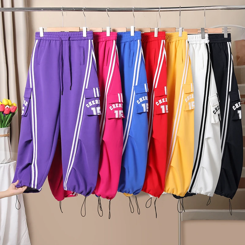 美式条纹拼色口袋工装裤春秋休闲宽松显瘦百搭阔腿裤束脚运动长裤