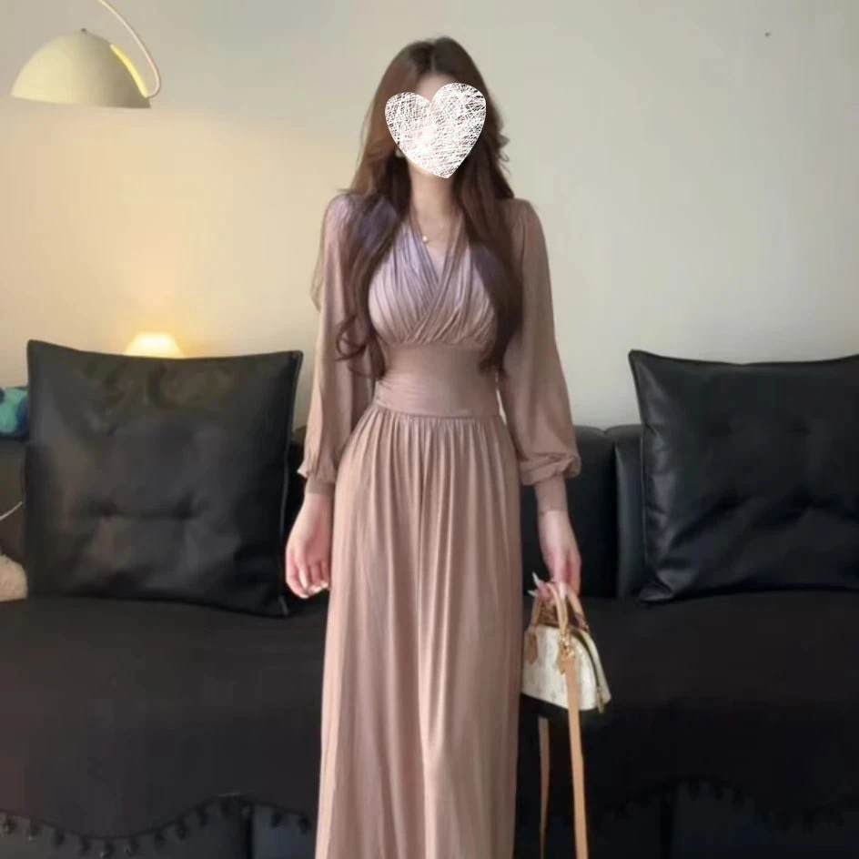 法式气质中长款裙子女秋季新款高腰修身显瘦名媛气质连衣裙8085#