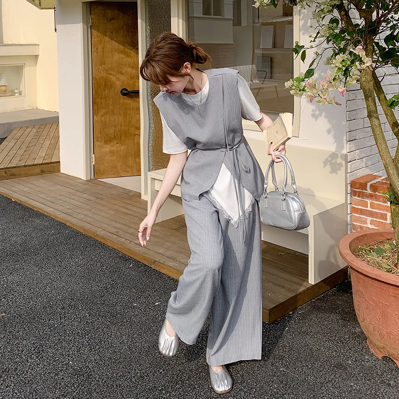 灰色不规则马甲休闲套装裙女2025夏季新款蕾丝打底衫半身裙三件套