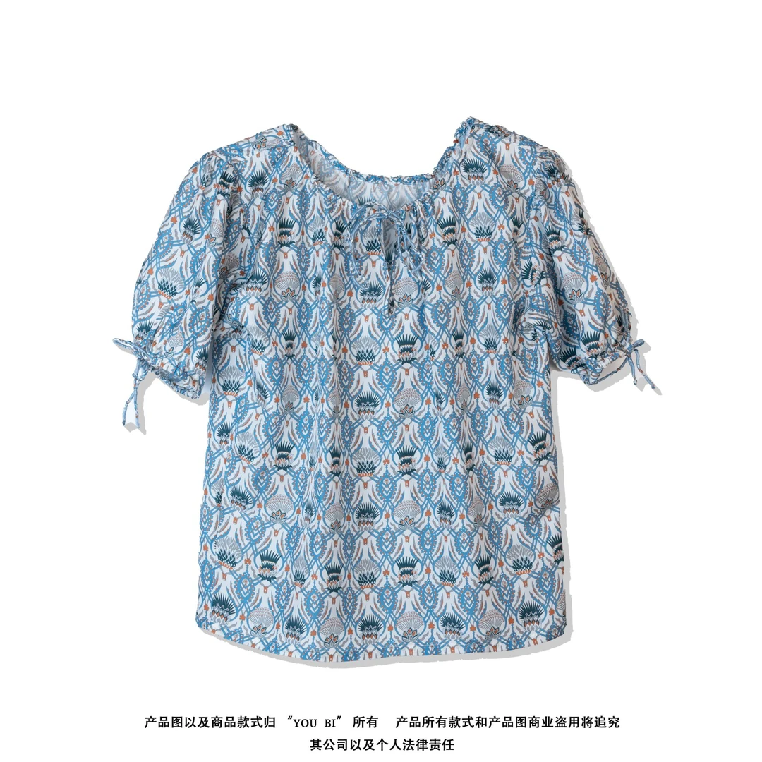 【优优专属】夏季新款度假风桑蚕丝短袖衬衫女圆领系带女上衣B162