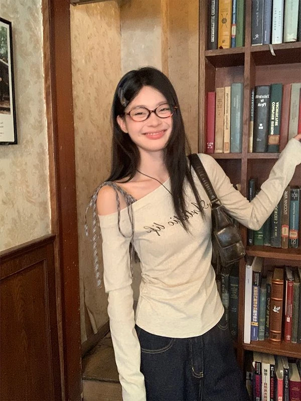 花灰斜肩格子绑带内搭t恤女秋季字母印花新款修身长袖辣妹上衣