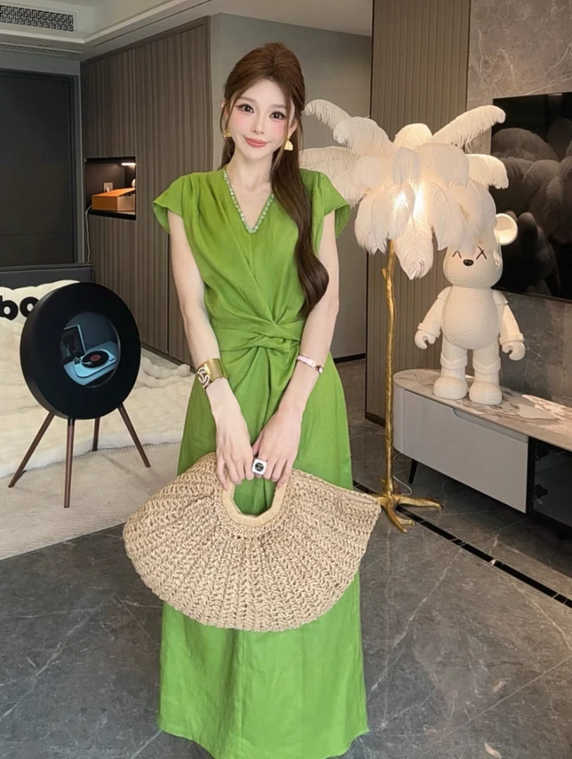 【影姐宠粉】连衣裙收腰夏装裙子绿色夏季无袖老钱风高腰8125